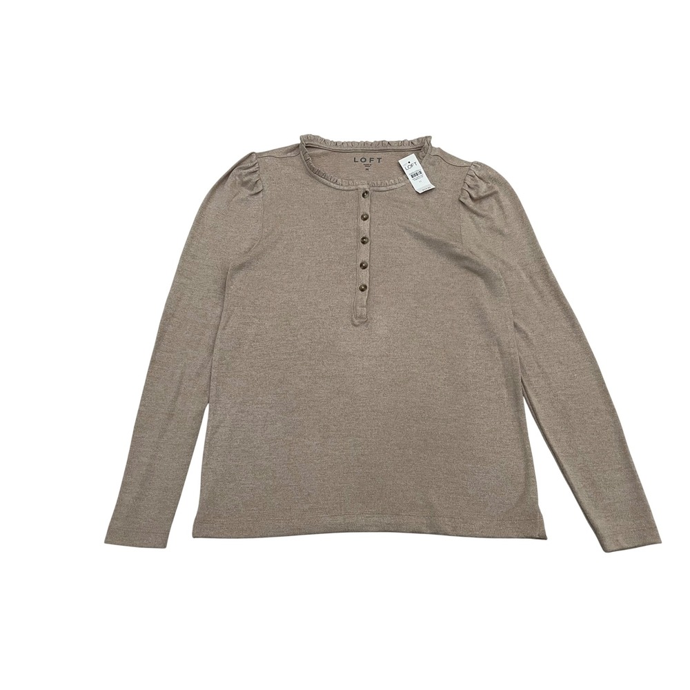 NWT LOFT Henley Top Womens Medium Tan Ruffle Neck Puff Sleeve 599701